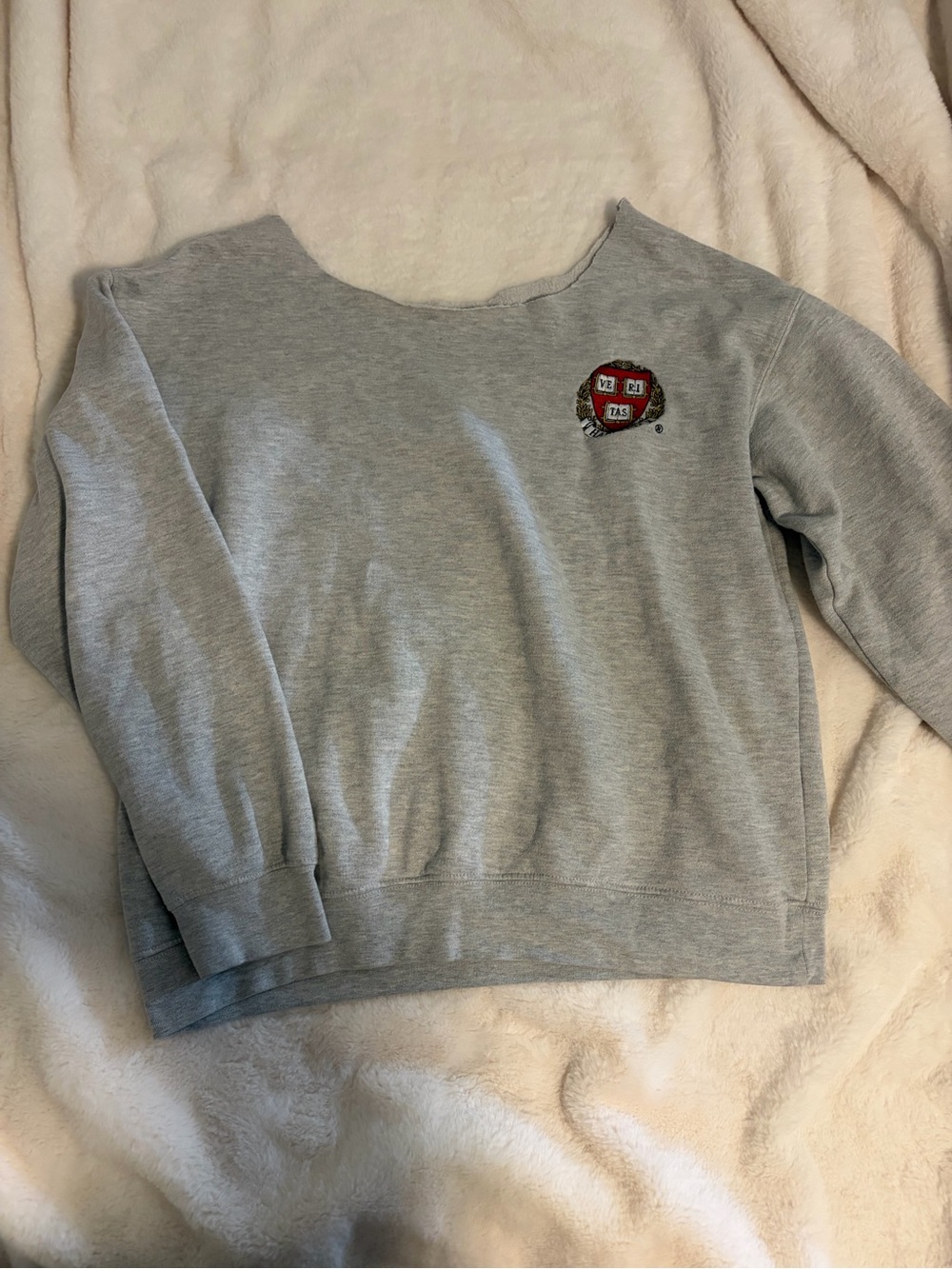 Gray Harvard Pullover Sweatshirt with Neckline Cut Off